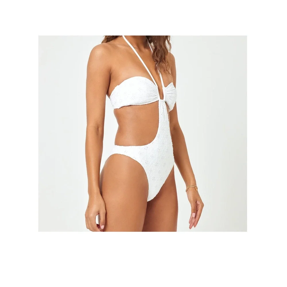 LSPACE Women's White Eyelet Marina One Piece Bitsy Swimsuit Size S NWT